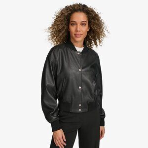 Levi's Black Leather Cropped Varsity Bomber Jacket - M